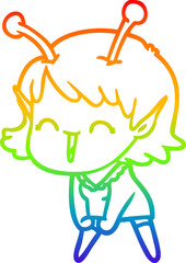 rainbow gradient line drawing of a cartoon alien girl laughing