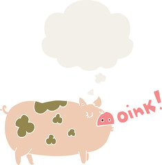cartoon oinking pig with thought bubble in retro style