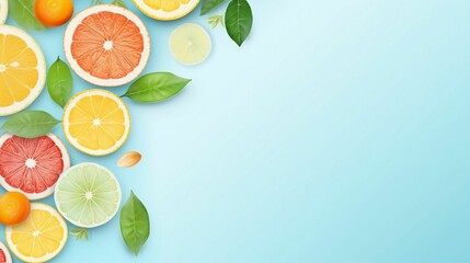 Top view of citrus fruits and leaves on light blue