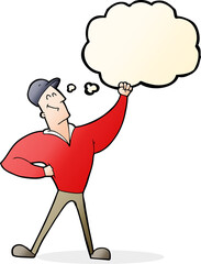 cartoon man striking heroic pose with thought bubble
