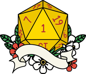 Retro Tattoo Style natural one d20 dice roll
