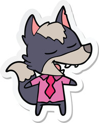 sticker of a cartoon office wolf laughing