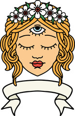 traditional tattoo with banner of female face with third eye and crown of flowers
