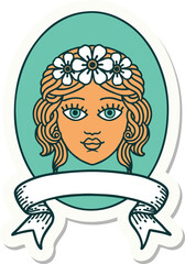 tattoo style sticker with banner of a maiden with crown of flowers