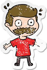 distressed sticker of a cartoon man with mustache shocked