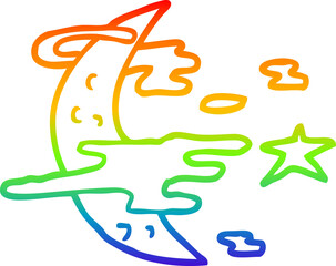 rainbow gradient line drawing of a cartoon spooky moon