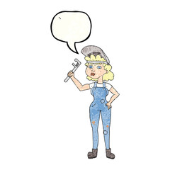 freehand speech bubble textured cartoon capable woman with wrench