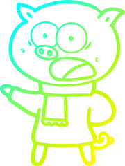 cold gradient line drawing of a cartoon pig shouting