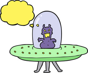 freehand drawn thought bubble cartoon alien in flying saucer