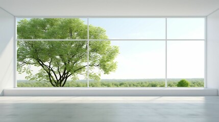 White empty room with green landscape in window
