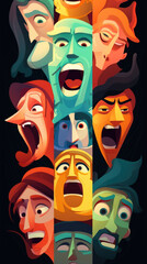 A characters face transforms into a carousel of various emotions, showcasing their complex range of feelings in a visually striking way. Psychology art