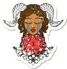Retro Tattoo Style crying tiefling with natural one D20 dice roll
