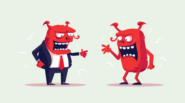 Two characters engage in a heated argument, with their inner anger personified as small red devils hovering around them. Psychology art