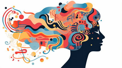 Naklejka premium A characters silhouette becomes filled with swirling patterns, visualizing their racing thoughts. Psychology art