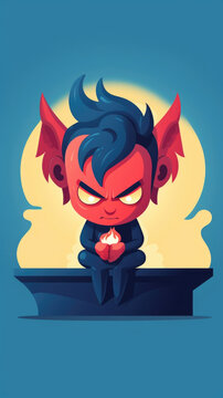 A character battles with their inner critic, depicted as a tiny cartoon devil sitting on their shoulder, whispering negative thoughts. Psychology art