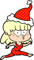 hand drawn comic book style illustration of a woman running wearing santa hat