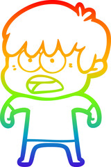 rainbow gradient line drawing of a worried cartoon boy