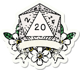 grunge sticker of a natural 20 critical hit D20 dice roll