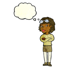 cartoon woman with crossed arms and safety goggles with thought bubble