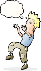 cartoon happy man doing funny dance with thought bubble