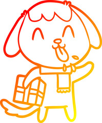 warm gradient line drawing of a cute cartoon dog with christmas present