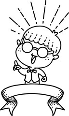 scroll banner with black line work tattoo style man with genius idea