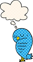 cartoon bird with thought bubble in comic book style