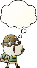 cartoon joyful man with beard and parcel under arm with thought bubble in smooth gradient style