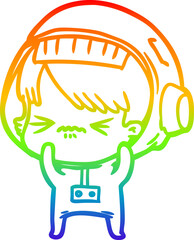 rainbow gradient line drawing of a angry cartoon space girl