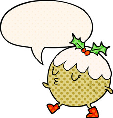 cartoon christmas pudding walking with speech bubble in comic book style