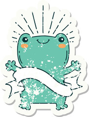 worn old sticker of a tattoo style happy frog