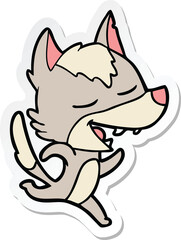 sticker of a cartoon running wolf laughing
