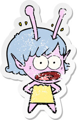 distressed sticker of a cartoon shocked alien girl