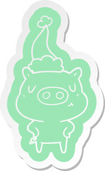 quirky cartoon  sticker of a content pig wearing santa hat
