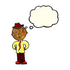cartoon man wearing hat with thought bubble