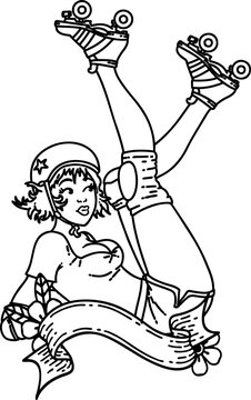 tattoo in black line style of a pinup roller derby girl with banner