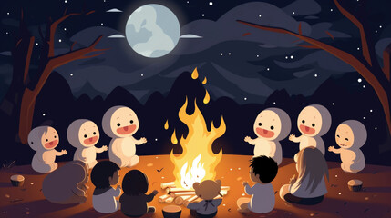 Children gather around a crackling bonfire, roasting marshmallows on long sticks and sharing ghost stories under the starry night sky. Halloween cartoon