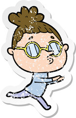 distressed sticker of a cartoon woman wearing glasses