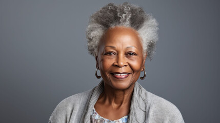 Elderly Afro-American woman with a curly grey afro, smiling warmly against a muted gray background. - obrazy, fototapety, plakaty