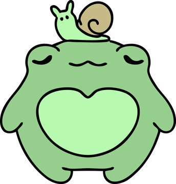 cartoon of a happy frog with a snail on its head