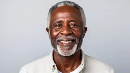 Deurstickers Cheerful senior Afro-American man with grey beard and white shirt, posing with a genuine smile against a light background. © Liana