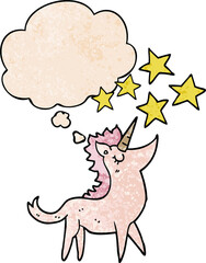cartoon unicorn with thought bubble in grunge texture style