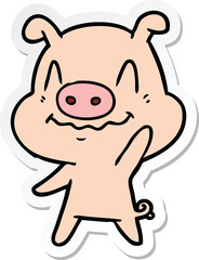 sticker of a nervous cartoon pig waving