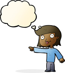cartoon pointing person with thought bubble