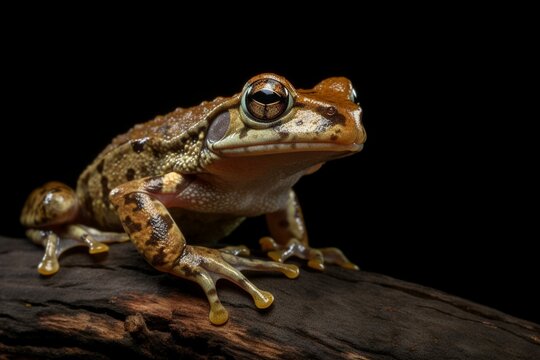 A tree-branch perched frog on a dark backdrop. Generative AI