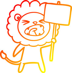 warm gradient line drawing of a cartoon lion with protest sign