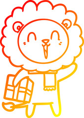 warm gradient line drawing of a laughing lion cartoon with christmas present