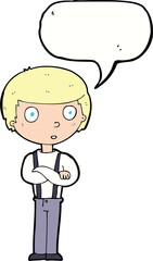 cartoon staring boy with folded arms with speech bubble