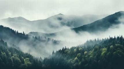 Enchanted Wilderness: Serene Misty Mountains Emerging from the Forest

