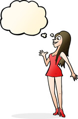 cartoon woman in pink dress with thought bubble